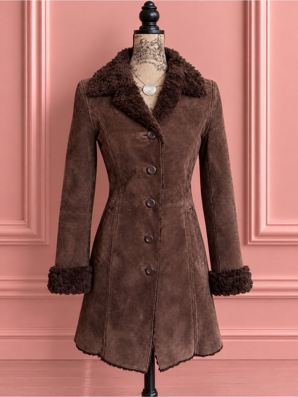 Vintage Le Château Brown Suede Leather Shearling Trim Coat Size S